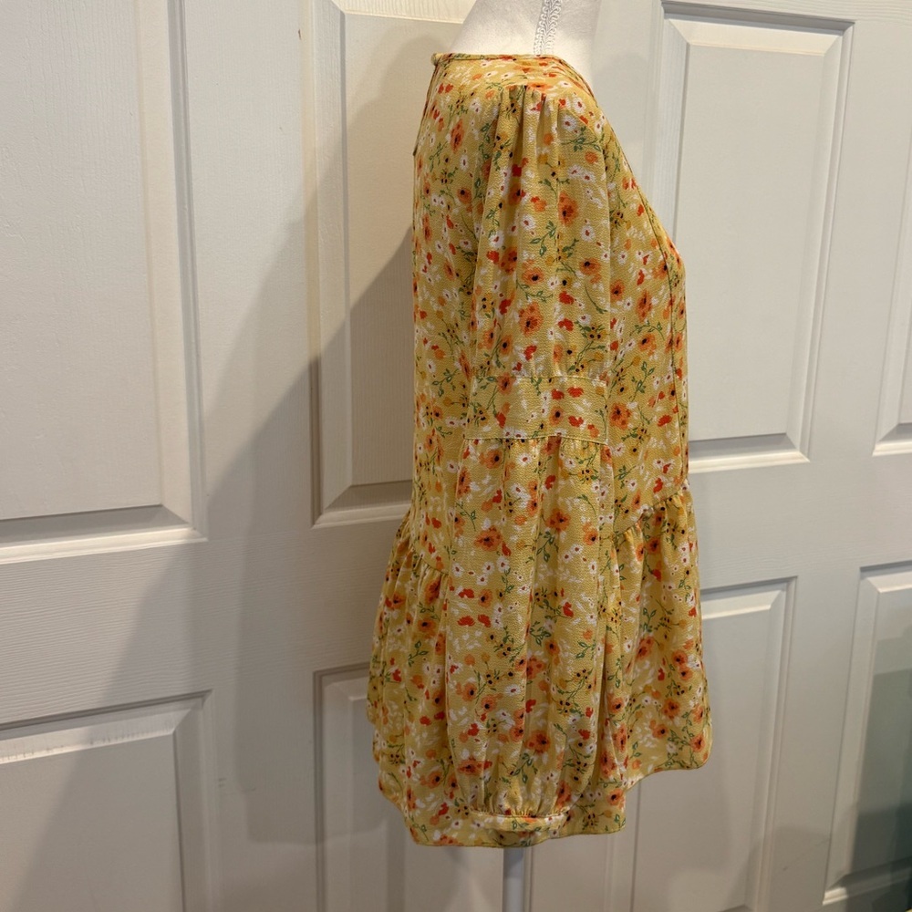 Orange Creek Babydoll Peplum Blouse Boho Yellow Floral Cottagecore S - Picture 5 of 7